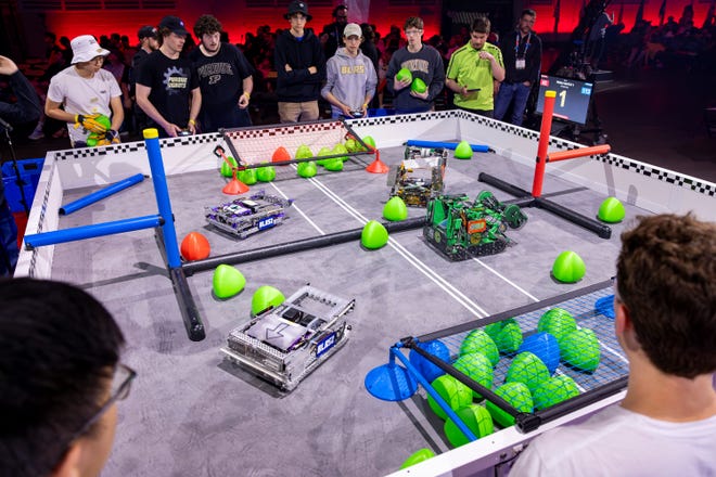 Purdue University's robotics team, Purdue SIGBots, competes against California Polytechnic State University’s Cal Poly Gear Slingers at the VEX Robotics World Championship, on April 30, 2024, in Dallas, Texas.
